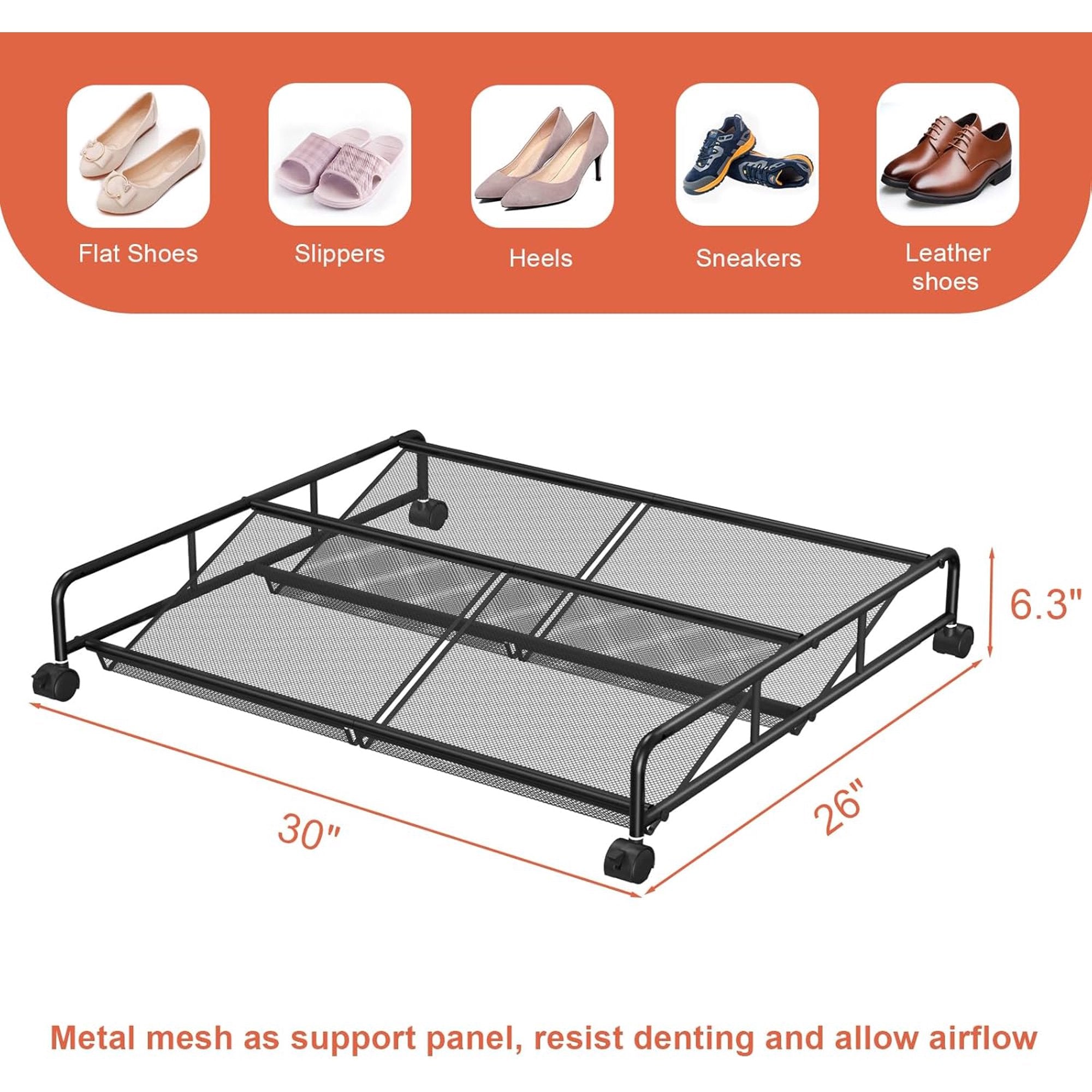 Under Bed Shoe Storage Organizer 2 Pack Metal Mesh with Wheels a7