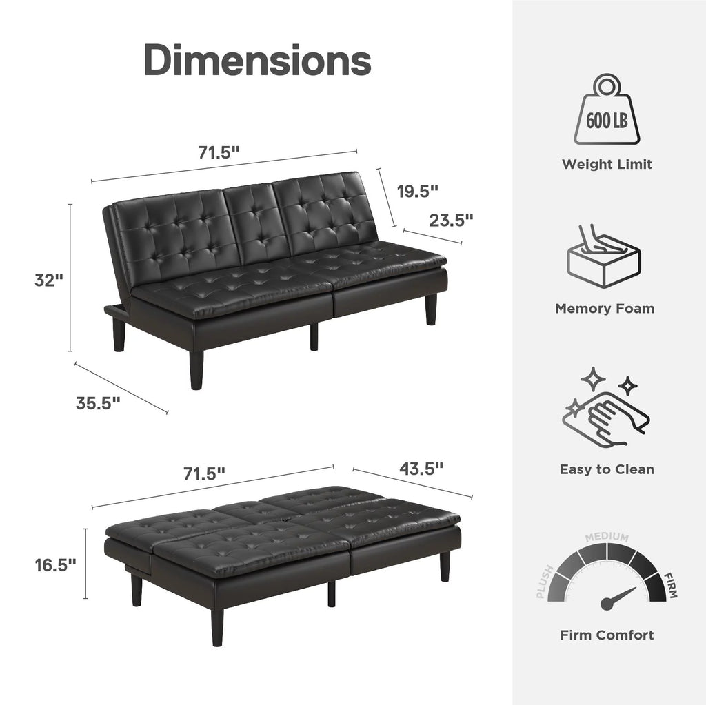 Memory Foam Futon with Cupholder and USB Black Faux Leather k7