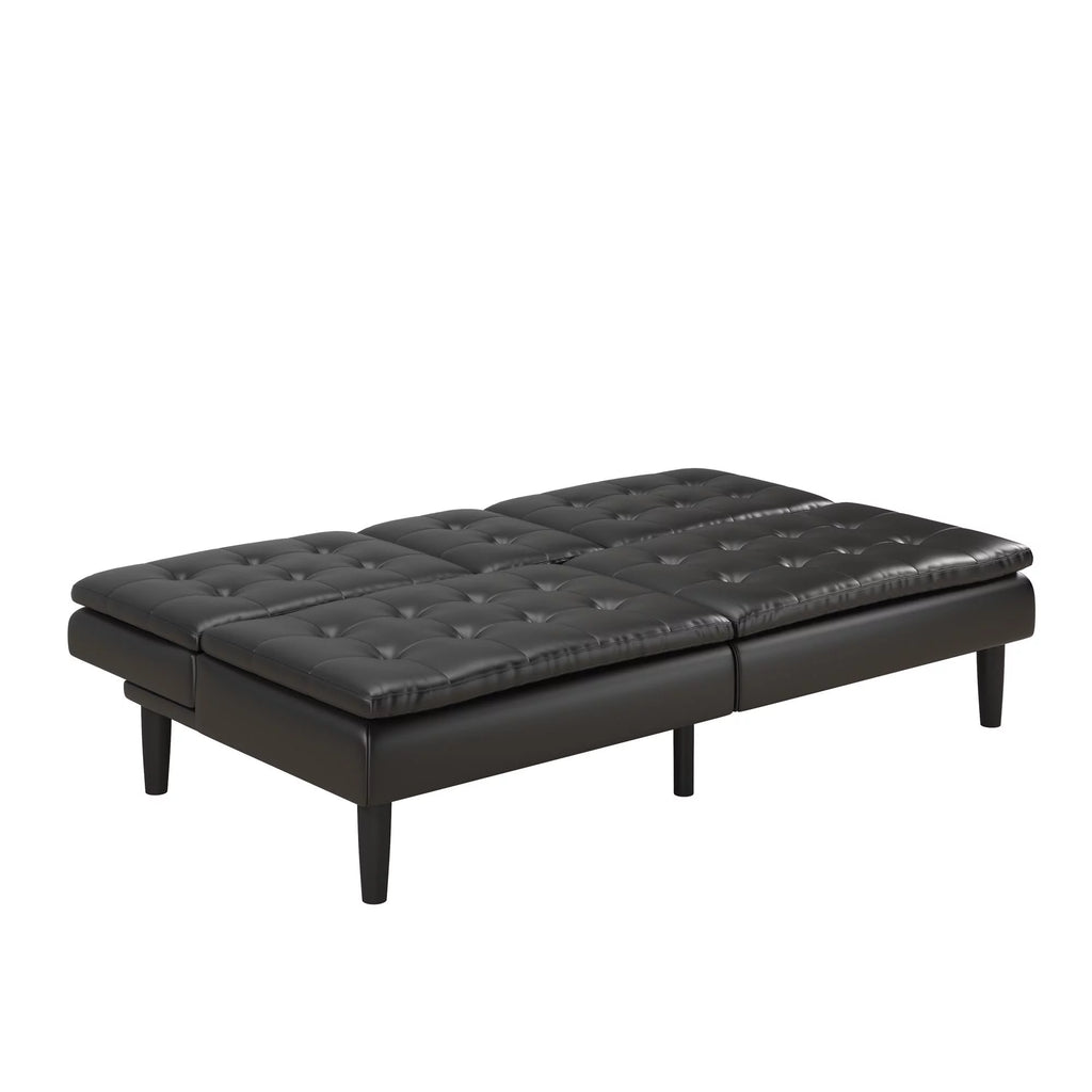 Memory Foam Futon with Cupholder and USB Black Faux Leather k7