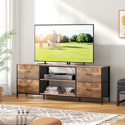 TV Stand with 4 Fabric Drawers for 50 Inch TV, Power Outlet, Black Wood Veins k7