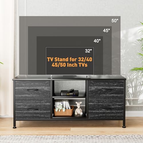 TV Stand with 4 Fabric Drawers for 50 Inch TV, Power Outlet, Black Wood Veins k7