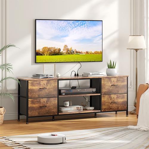 TV Stand with 4 Fabric Drawers for 50 Inch TV, Power Outlet, Black Wood Veins k7