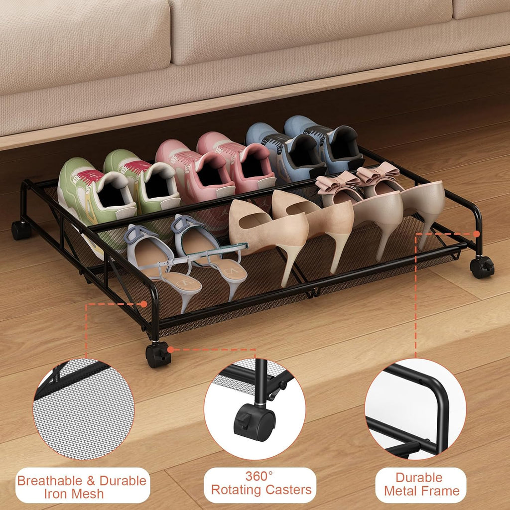 Under Bed Shoe Storage Organizer 2 Pack Metal Mesh with Wheels a7