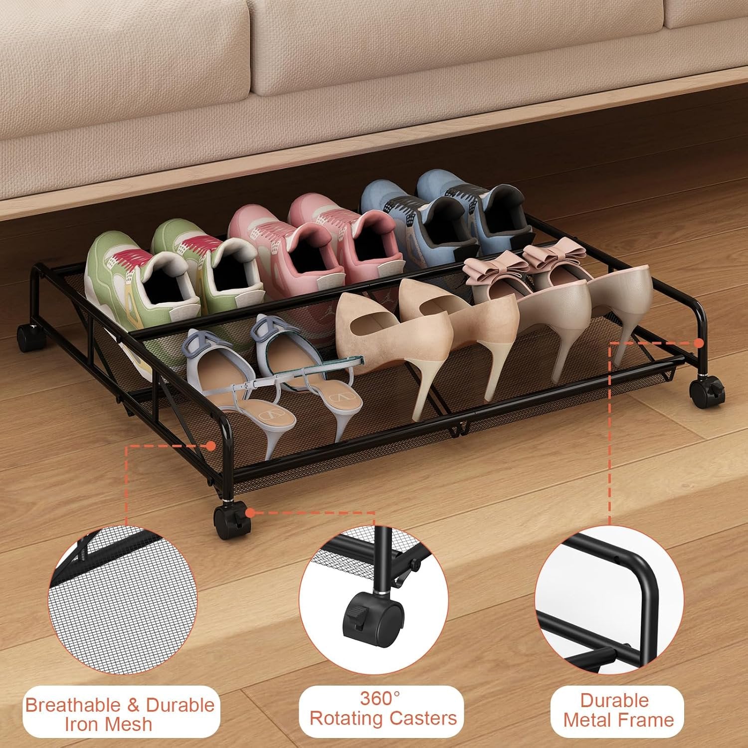 Under Bed Shoe Storage Organizer 2 Pack Metal Mesh with Wheels a7