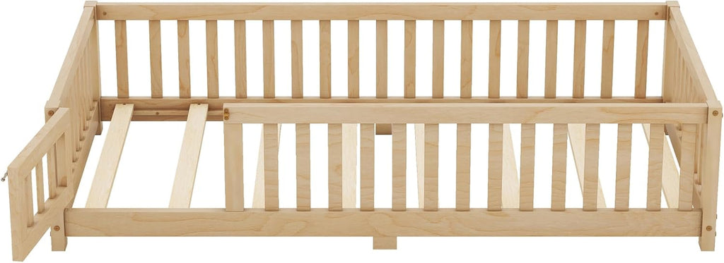Twin Size Montessori Floor Bed with Door and Fence for Kids a7k