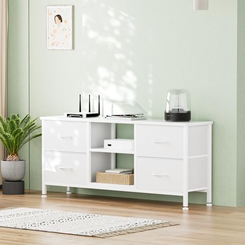 TV Stand with 4 Fabric Drawers for 50 Inch TV, Power Outlet, Black Wood Veins k7