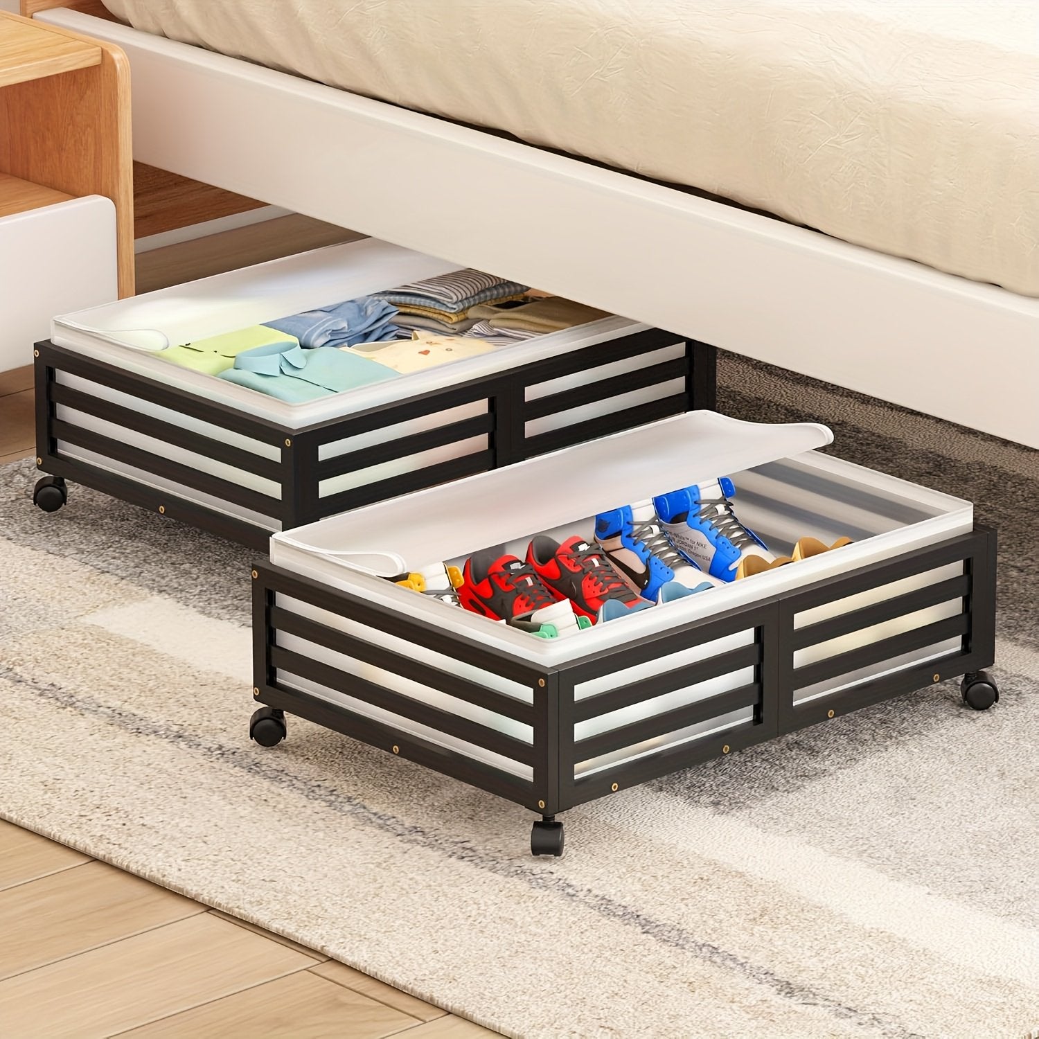 2-Pack Bamboo Under-Bed Storage Bins with Wheels, Large Capacity Rolling Organizers for Clothes &amp; Shoes, Natural Finish Space-Saving Design, No Assembly Required