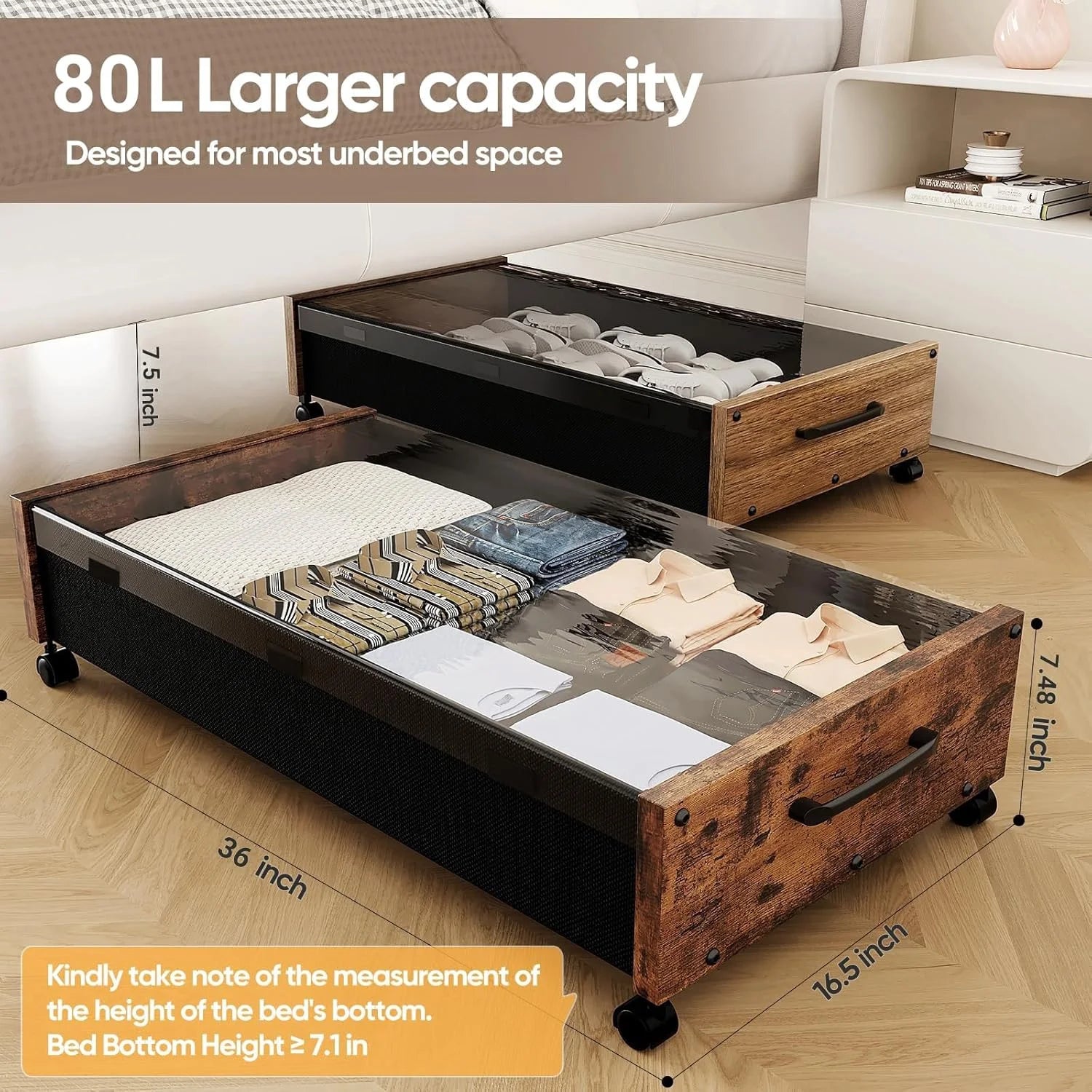 Under Bed Storage with Wheels 2 Pack Rolling Drawer for Clothes a7