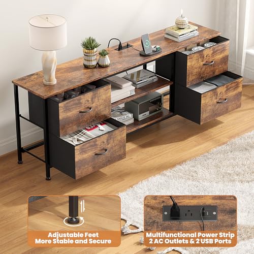 TV Stand with 4 Fabric Drawers for 50 Inch TV, Power Outlet, Black Wood Veins k7