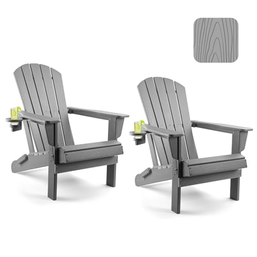 Folding Adirondack Chairs Set of 2, Plastic Adirondack Chairs Wood Texture, Fire Pit Chairs for Outside, Weather Resistant Composite Adirondack Chair with Cup Holder