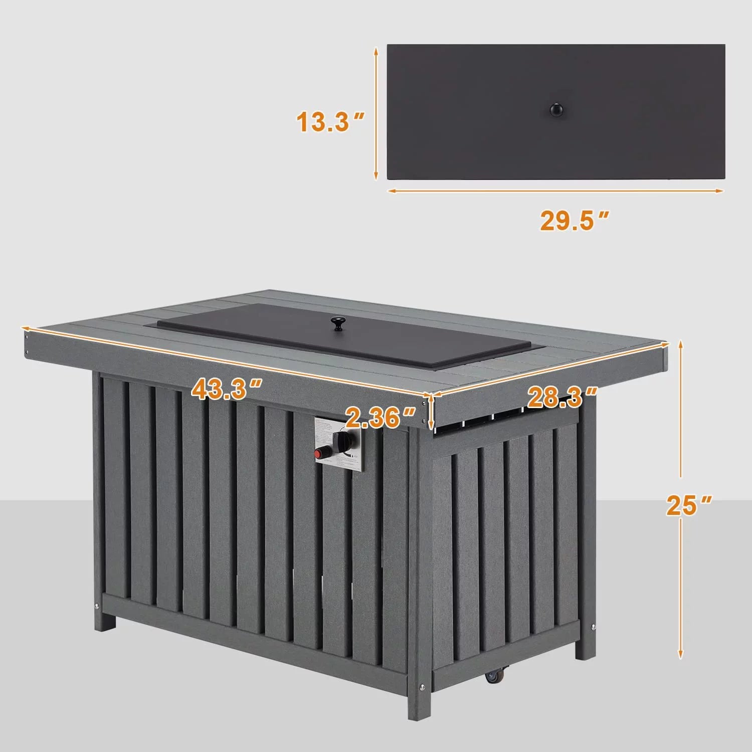 Propane Fire Pit Table with Lid and Fire Glass, 43 Inch, Gray k7p