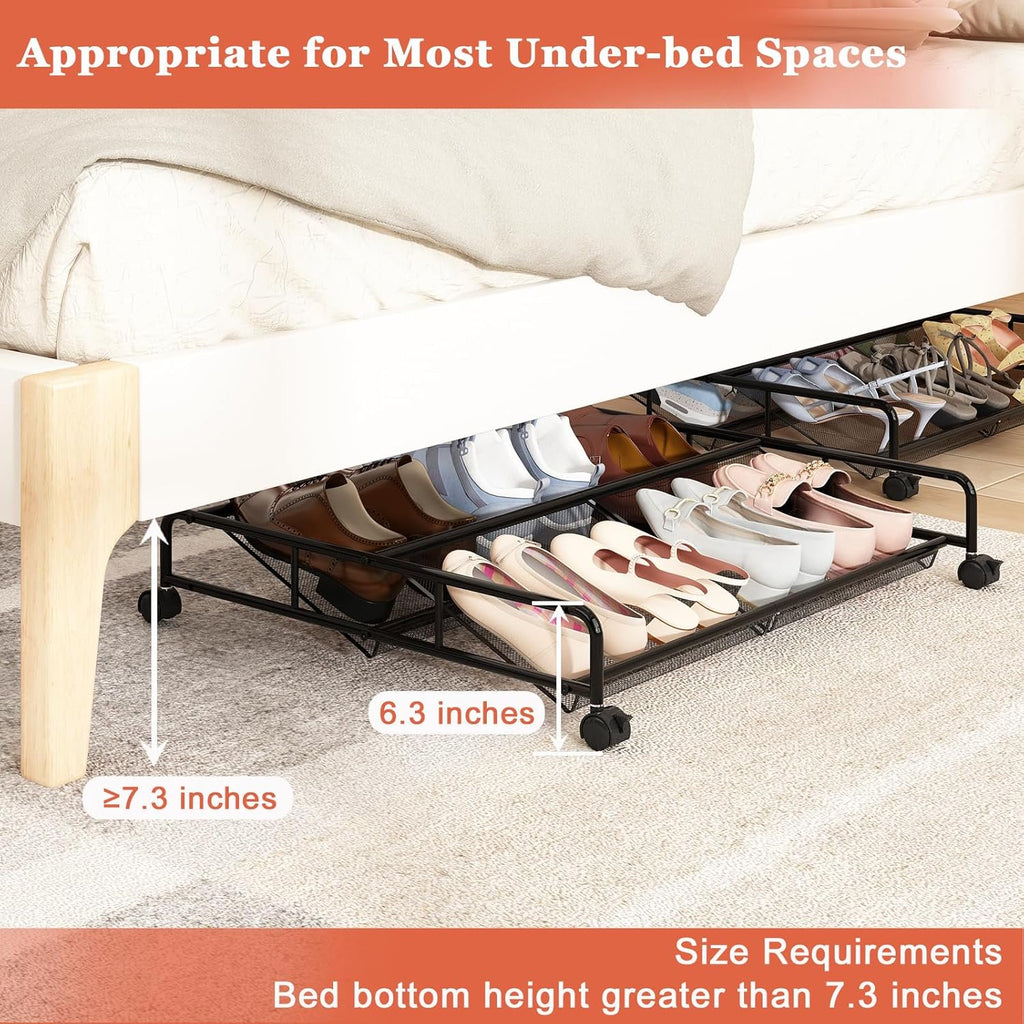 Under Bed Shoe Storage Organizer 2 Pack Metal Mesh with Wheels a7
