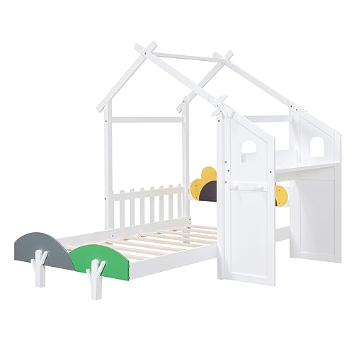 House-Shaped Twin Platform Bed with Windmill Decor Solid Wood Kids Bed with Desk a7