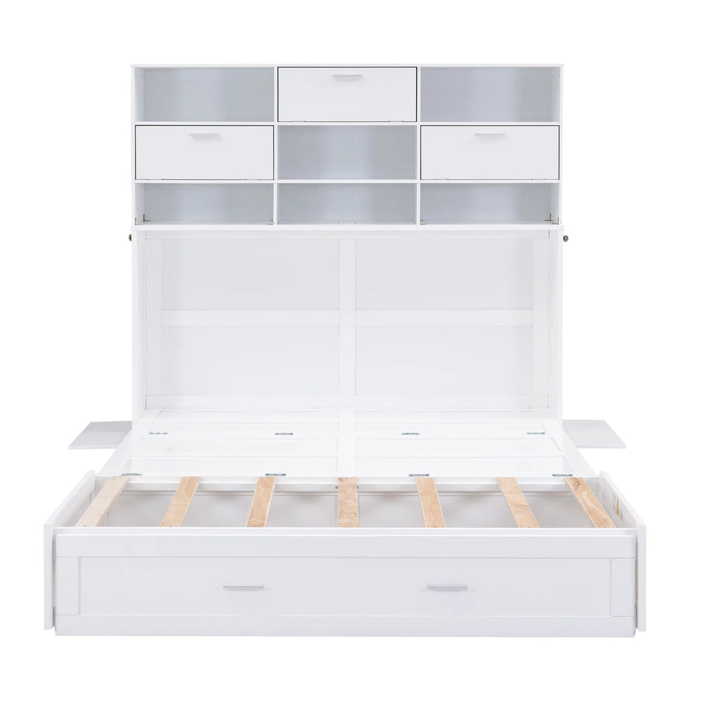 Queen Murphy Bed with Bookcase and Drawer White k7m