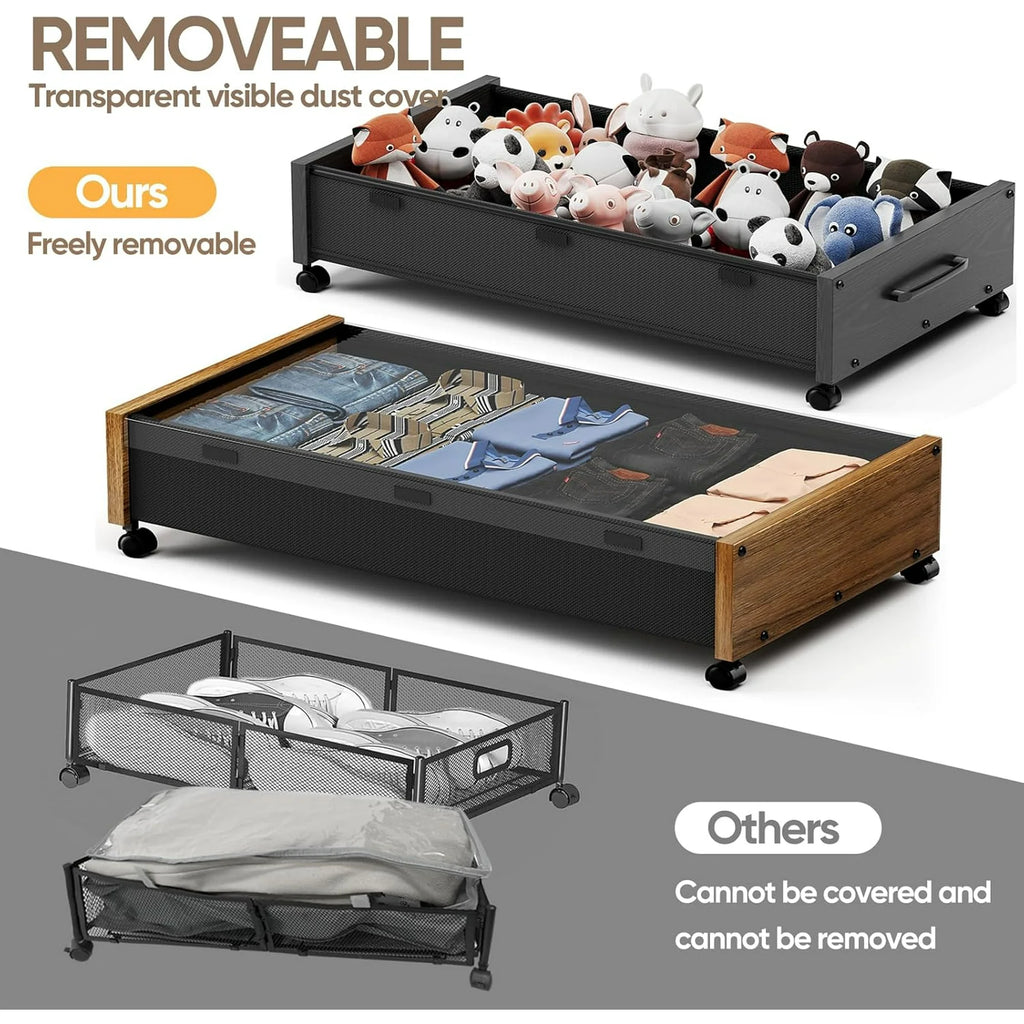Wooden Under Bed Storage with Wheels, 80L Rolling Bins 2 Pack with Lid a7