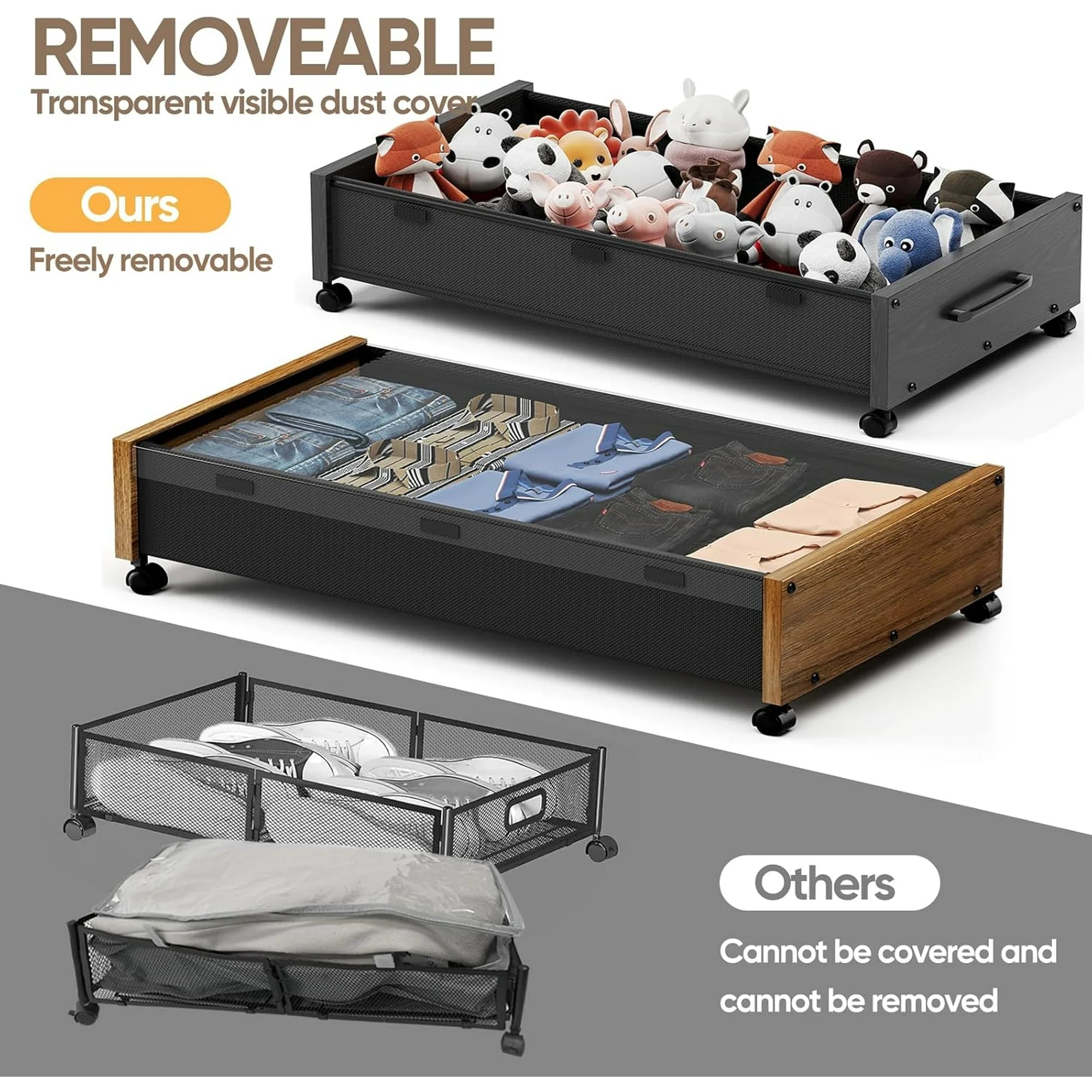 Wooden Under Bed Storage with Wheels, 80L Rolling Bins 2 Pack with Lid a7