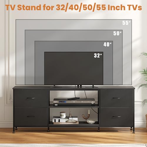 TV Stand with 4 Fabric Drawers for 50 Inch TV, Power Outlet, Black Wood Veins k7