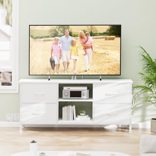 TV Stand with 4 Fabric Drawers for 50 Inch TV, Power Outlet, Black Wood Veins k7