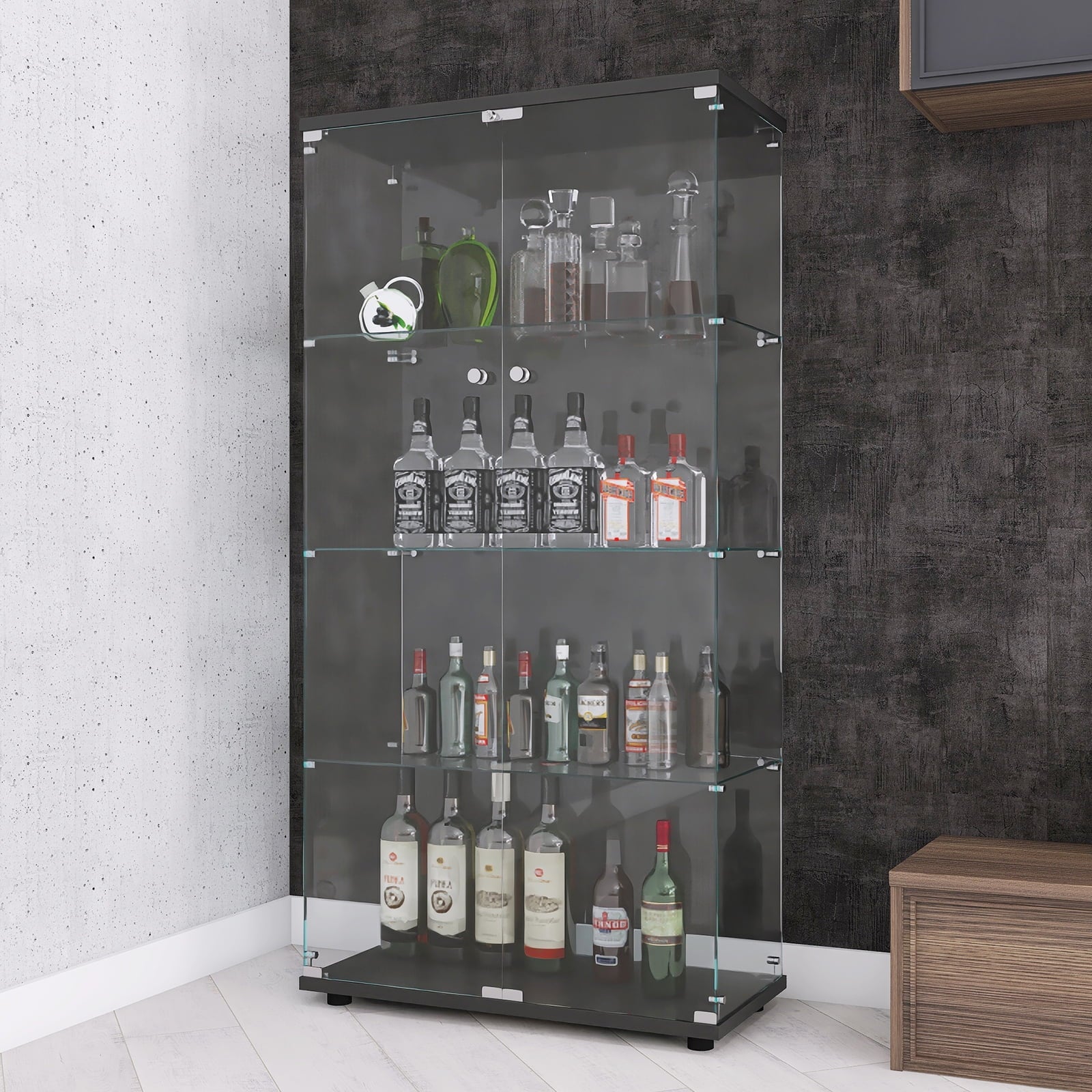 Glass Display Cabinet with 4 Shelves, 64 Inch Tall, Black k7m