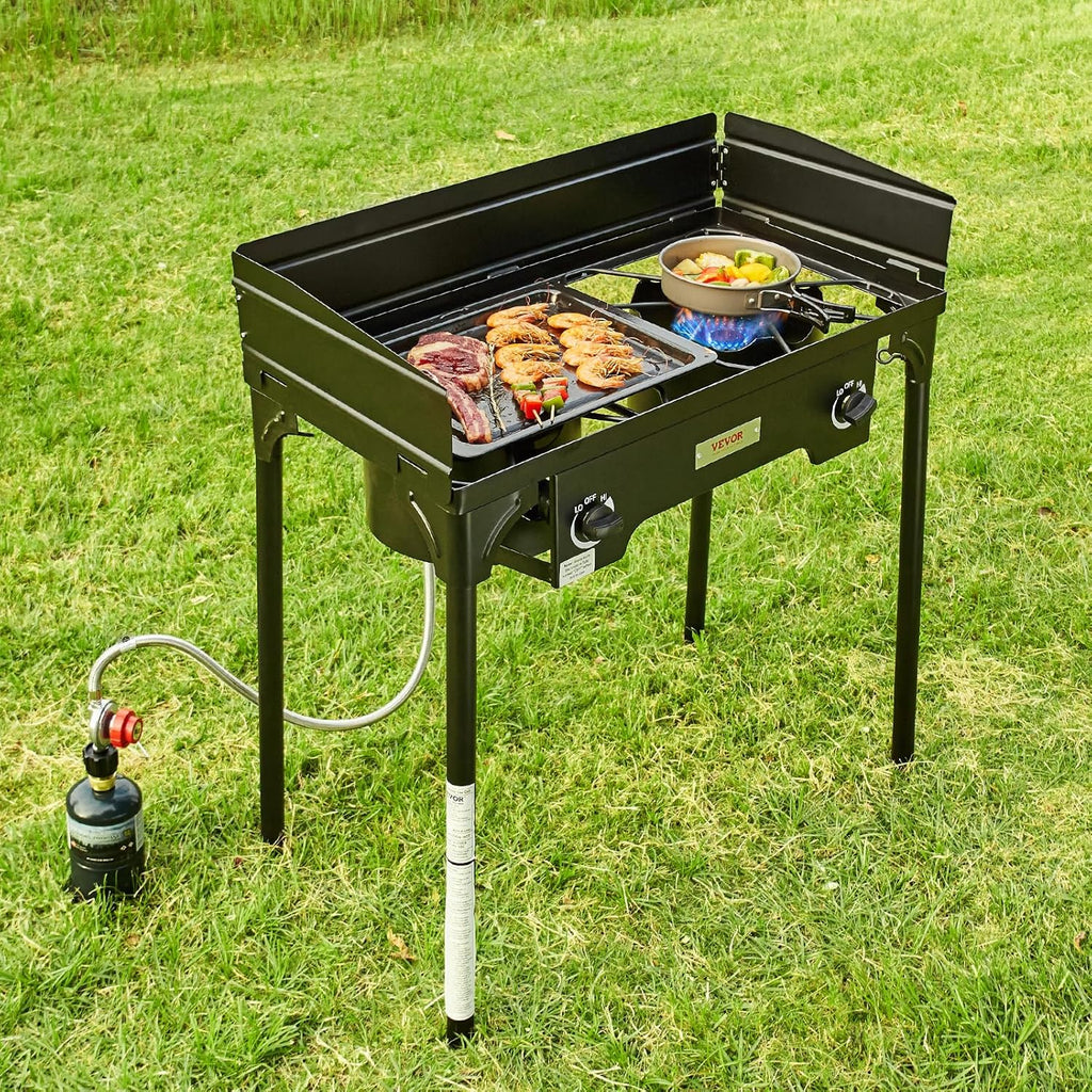 Outdoor Propane Burner 2 Burner Gas Cooker with Windscreen and Stand a7k
