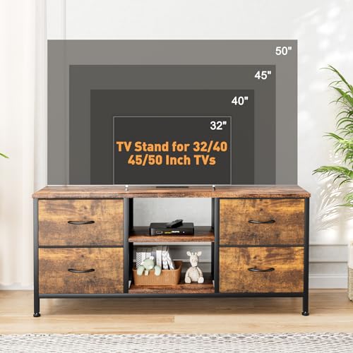 TV Stand with 4 Fabric Drawers for 50 Inch TV, Power Outlet, Black Wood Veins k7