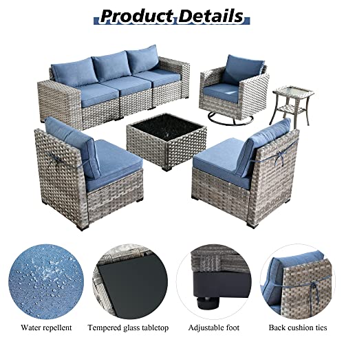 Outdoor Patio Sectional Sofa Set with Swivel Rocking Chair, 8 Piece Modern Wicker Couch a7