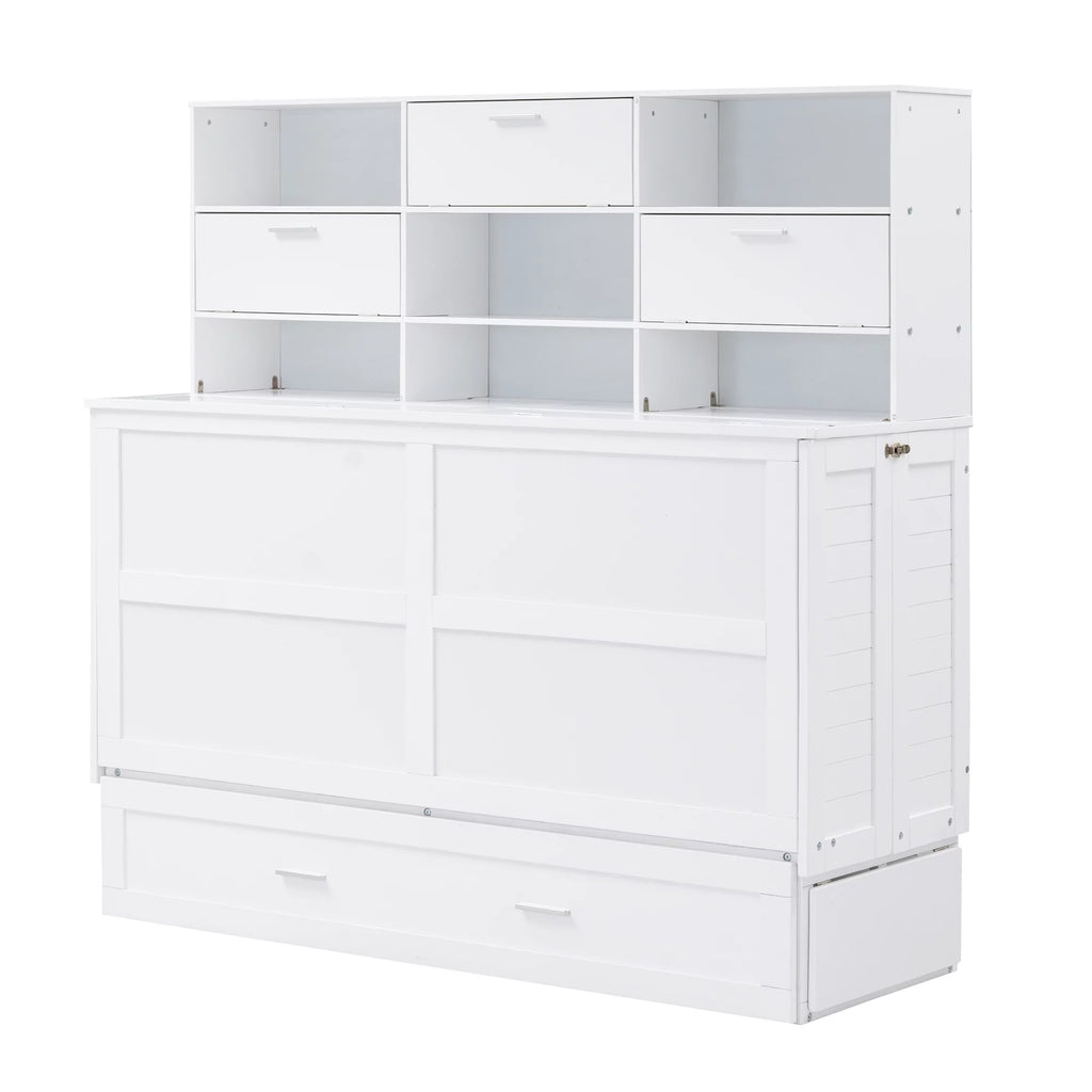 Queen Murphy Bed with Bookcase and Drawer White k7m