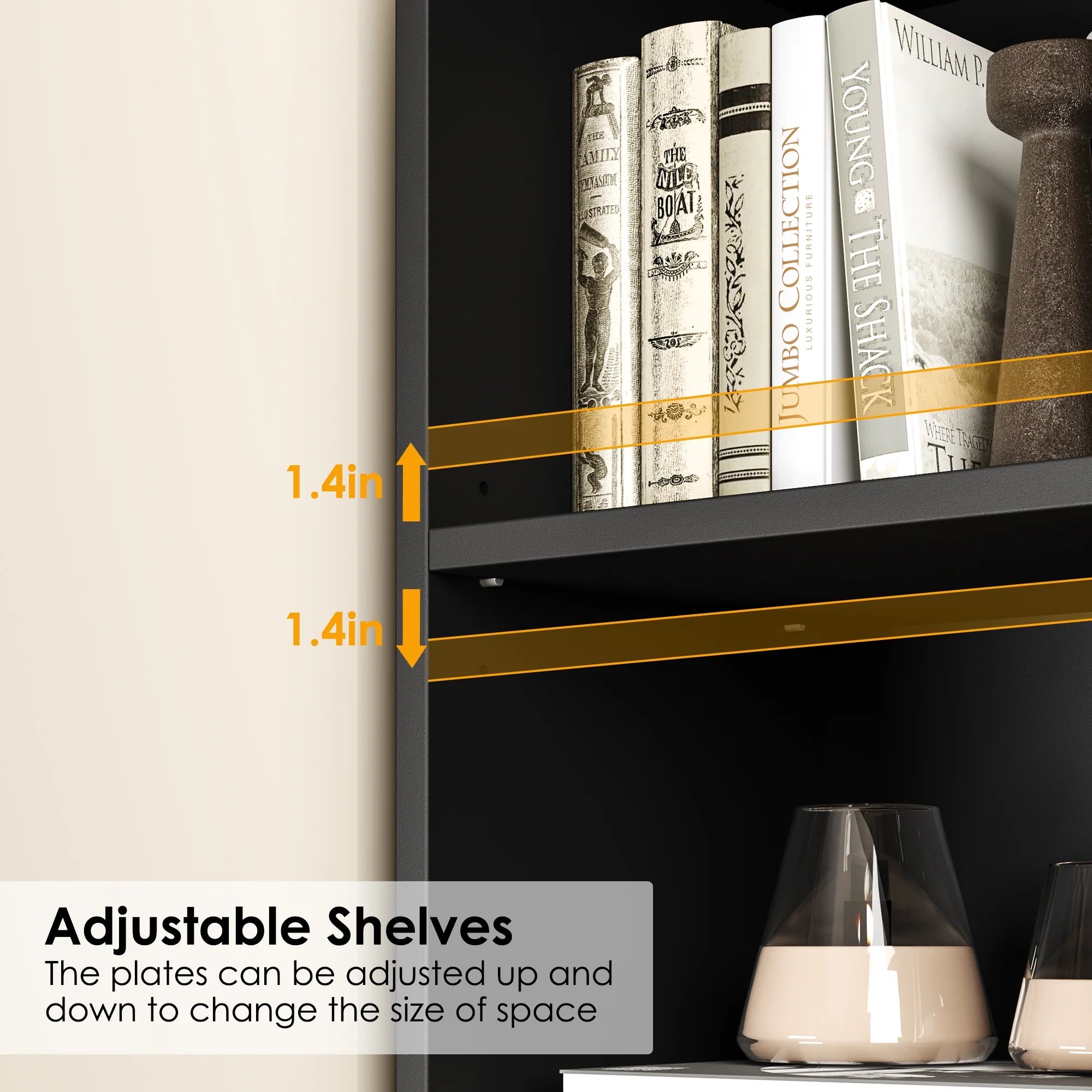 Bookcase with Adjustable Shelves, Triple Width Storage Rack, Black k7m