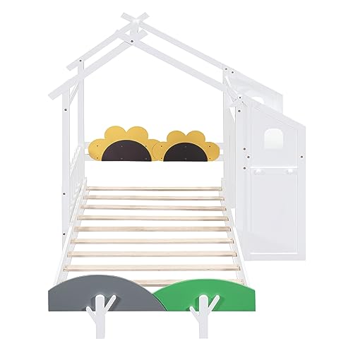 House-Shaped Twin Platform Bed with Windmill Decor Solid Wood Kids Bed with Desk a7