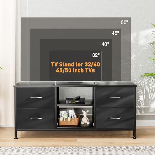 TV Stand with 4 Fabric Drawers for 50 Inch TV, Power Outlet, Black Wood Veins k7