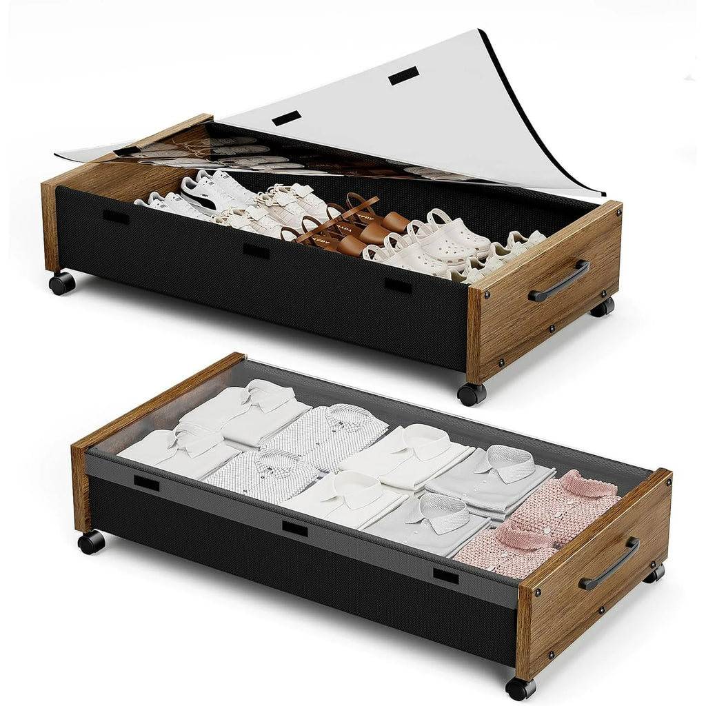 Wooden Under Bed Storage with Wheels, 80L Rolling Bins 2 Pack with Lid a7