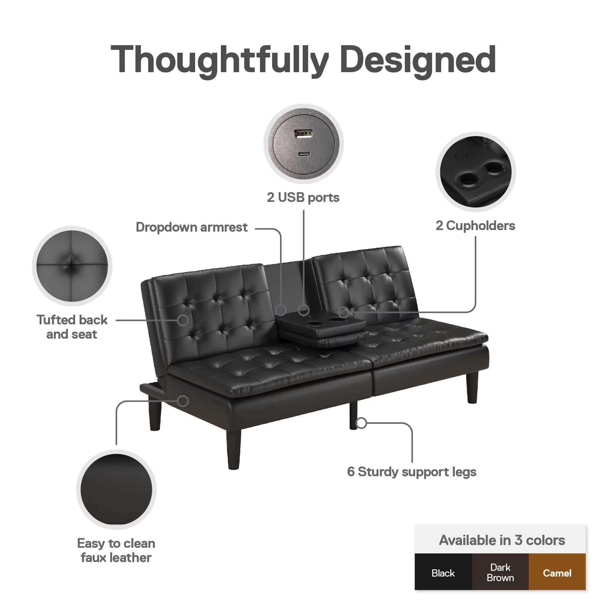 Memory Foam Futon with Cupholder and USB Black Faux Leather k7
