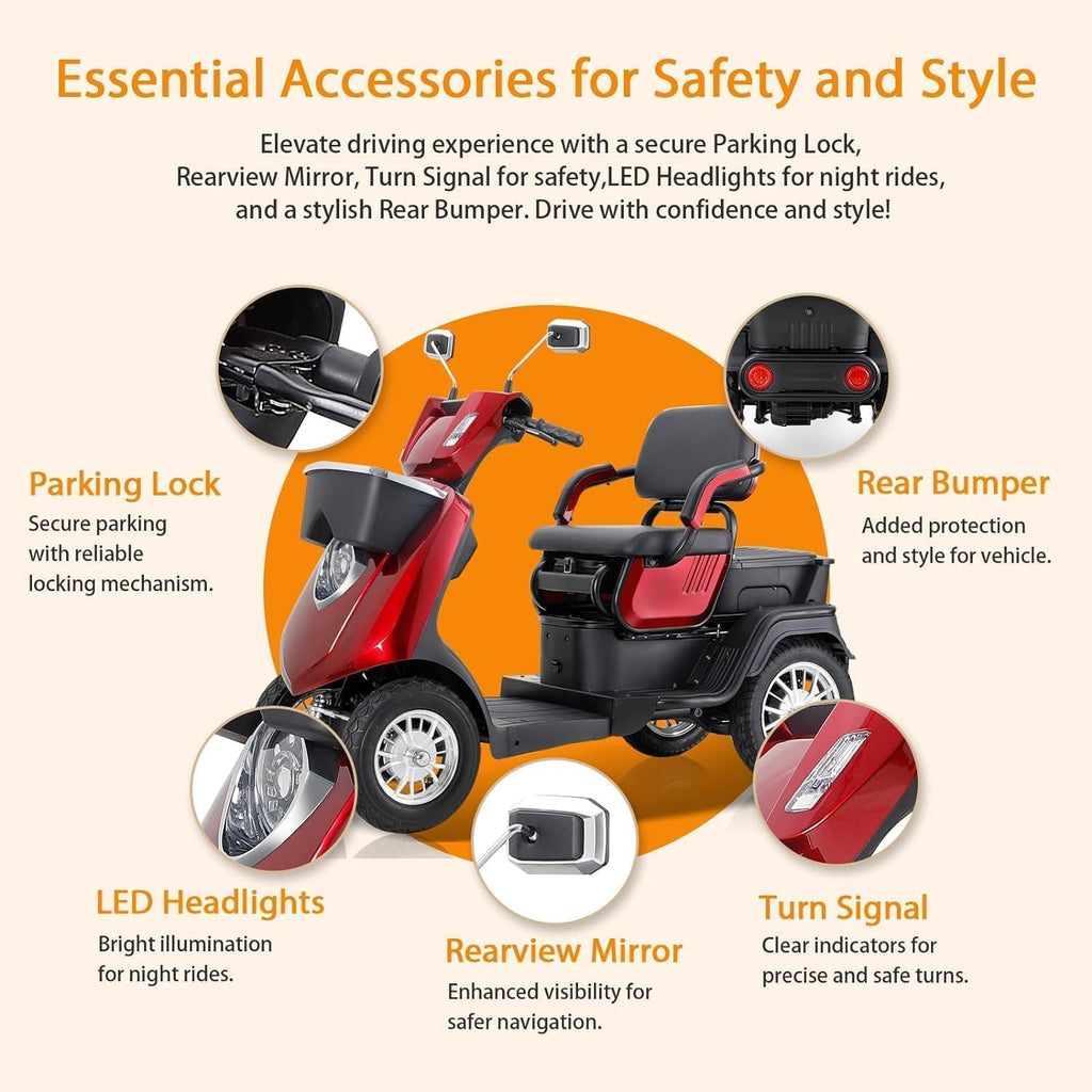 Mobility Scooter 4 Wheel 500lbs Capacity 36-Mile Range Red k7p