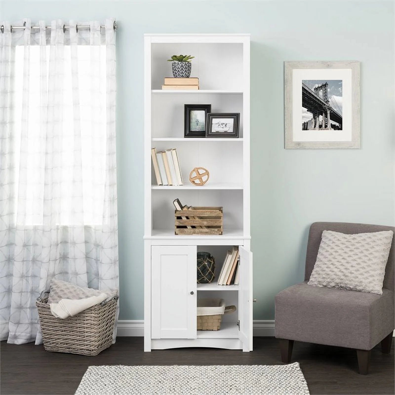 White 6-Shelf Bookcase with 2 Shaker Doors k7p