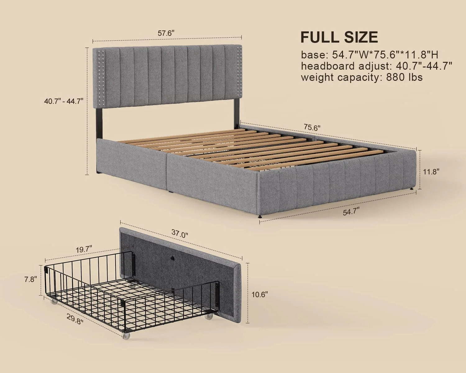 Bed Frame with Storage Drawers and Adjustable Headboard Grey k7m