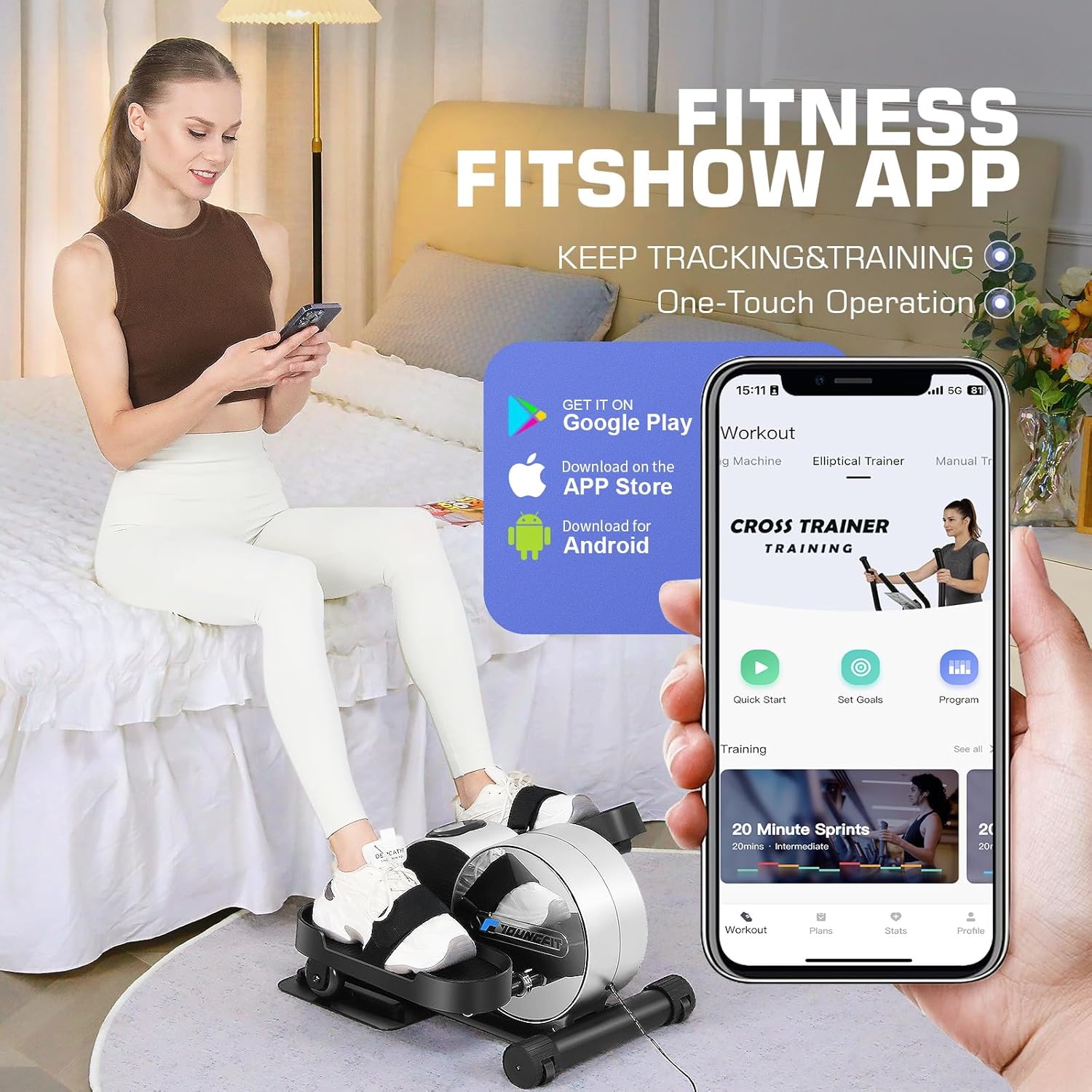 Under Desk Elliptical Seated Foot Pedal Exerciser with App and LCD Display k7p