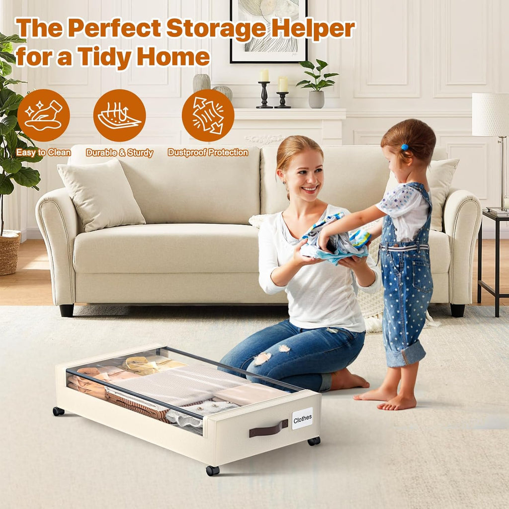 Under Bed Storage Bins with Wheels and Clear Lids, 4 Pack, 60L White a7