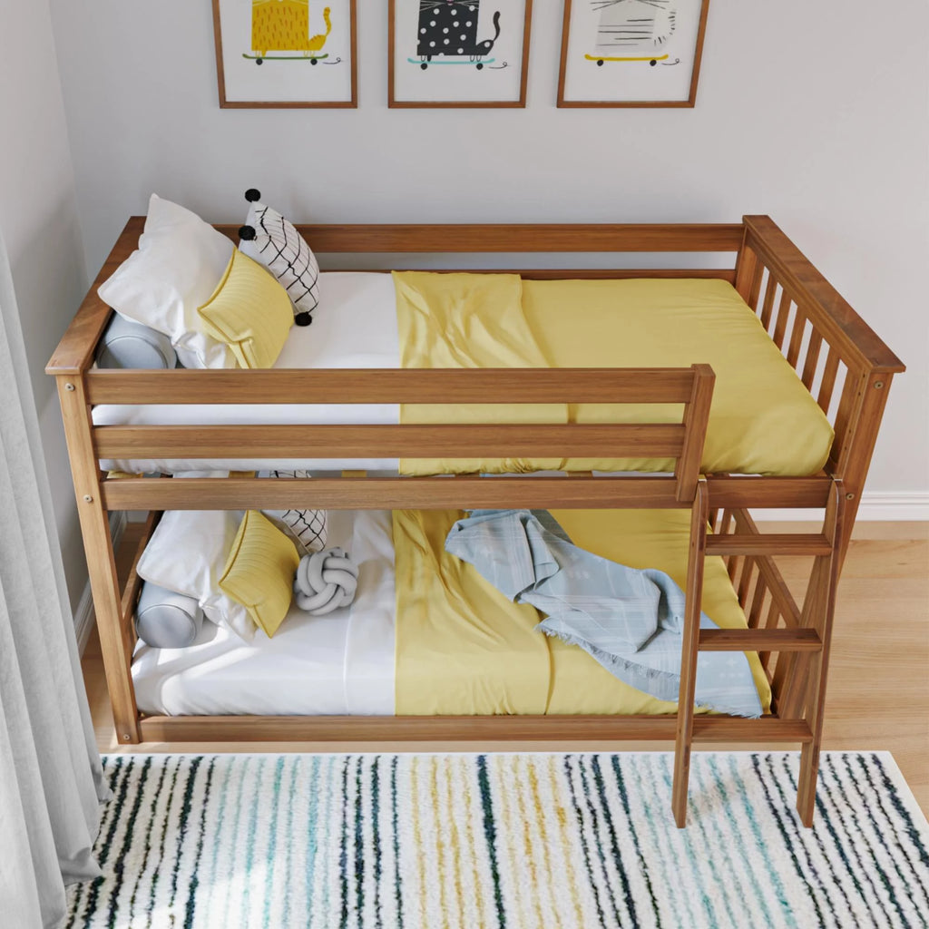 Twin over Twin Bunk Bed for Kids Solid Wood Low with Ladder Pecan k7