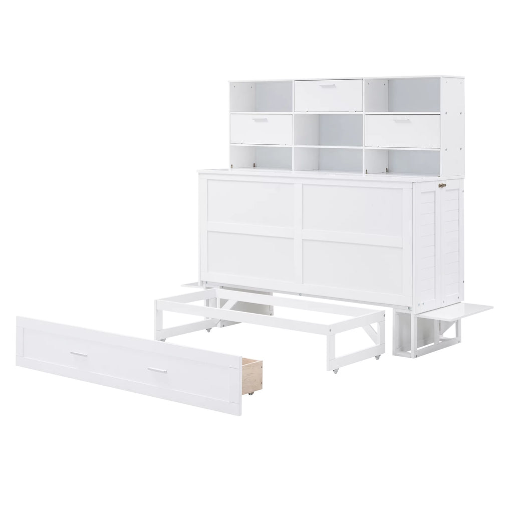 Queen Murphy Bed with Bookcase and Drawer White k7m