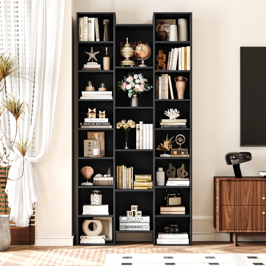 Bookcase with Adjustable Shelves, Triple Width Storage Rack, Black k7m