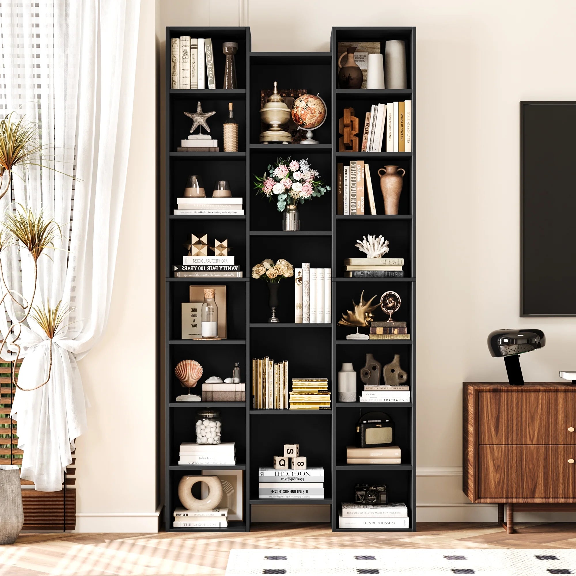 Bookcase with Adjustable Shelves, Triple Width Storage Rack, Black k7m