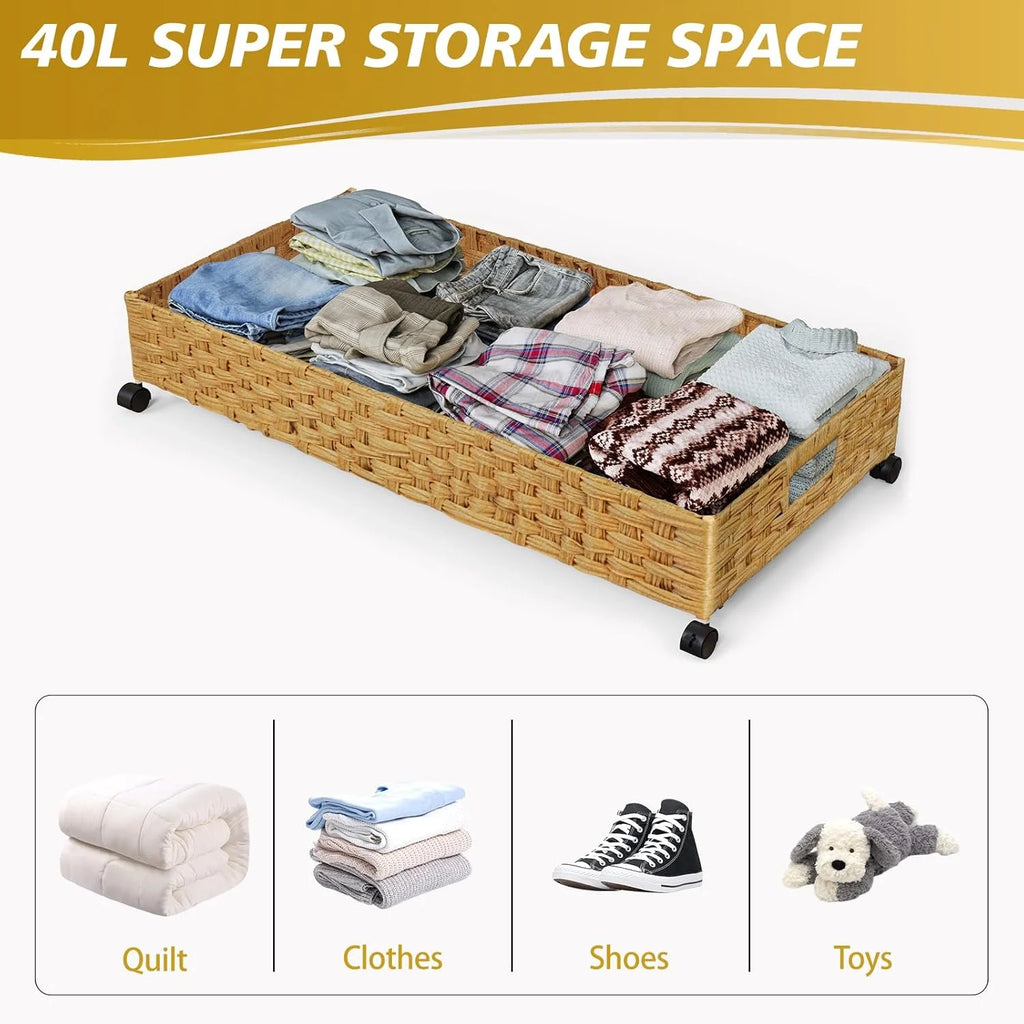 Under Bed Storage Containers with Wheels, 2 Pack 31.5in Rattan Organizer Drawer a7