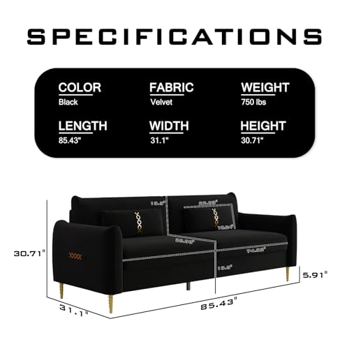 85 in 3-Seat Velvet Couch with Solid Wood Frame and Pillows 7k