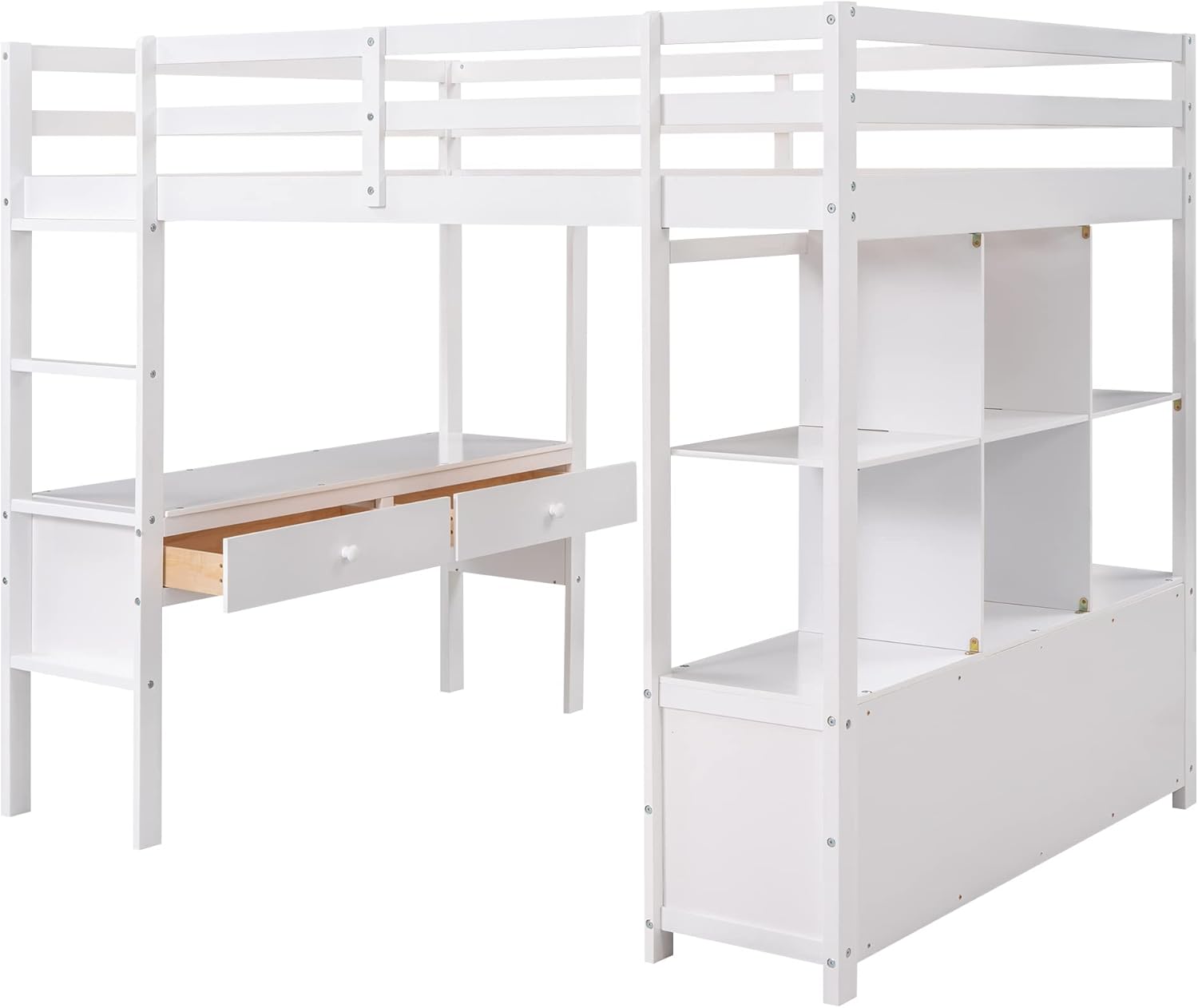 Full Size Loft Bed with Built-in Desk and Storage Shelves White k7