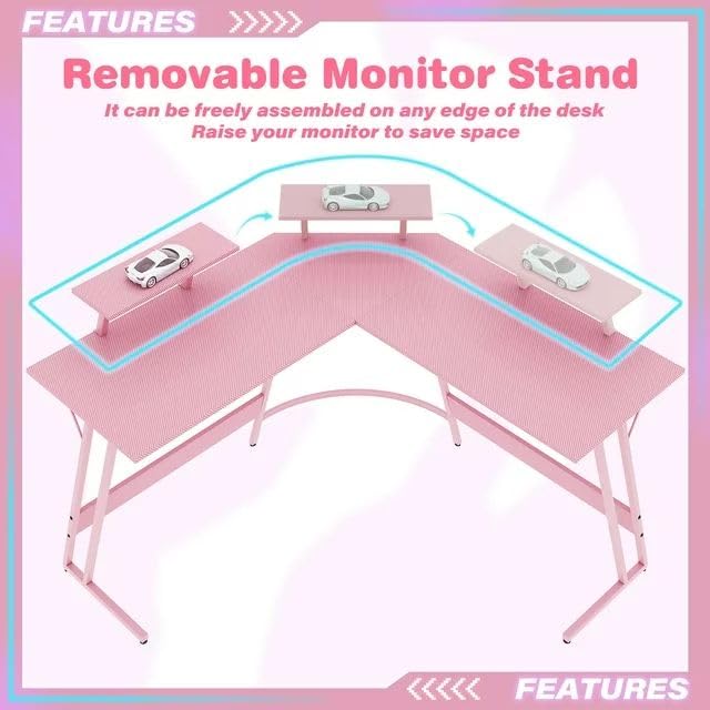 Pink L-Shaped Corner Gaming Desk with Monitor Stand 7k