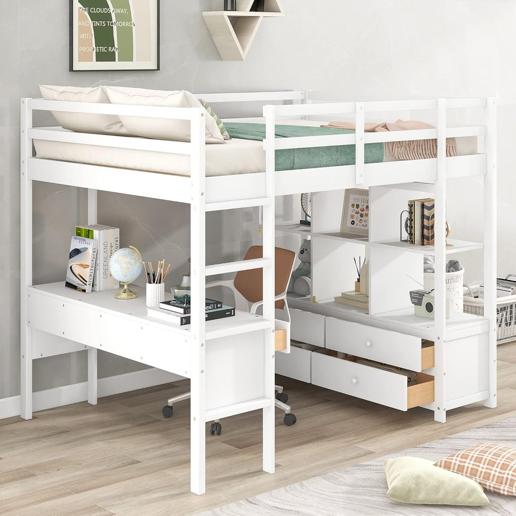 Full Size Loft Bed with Built-in Desk and Storage Shelves White k7
