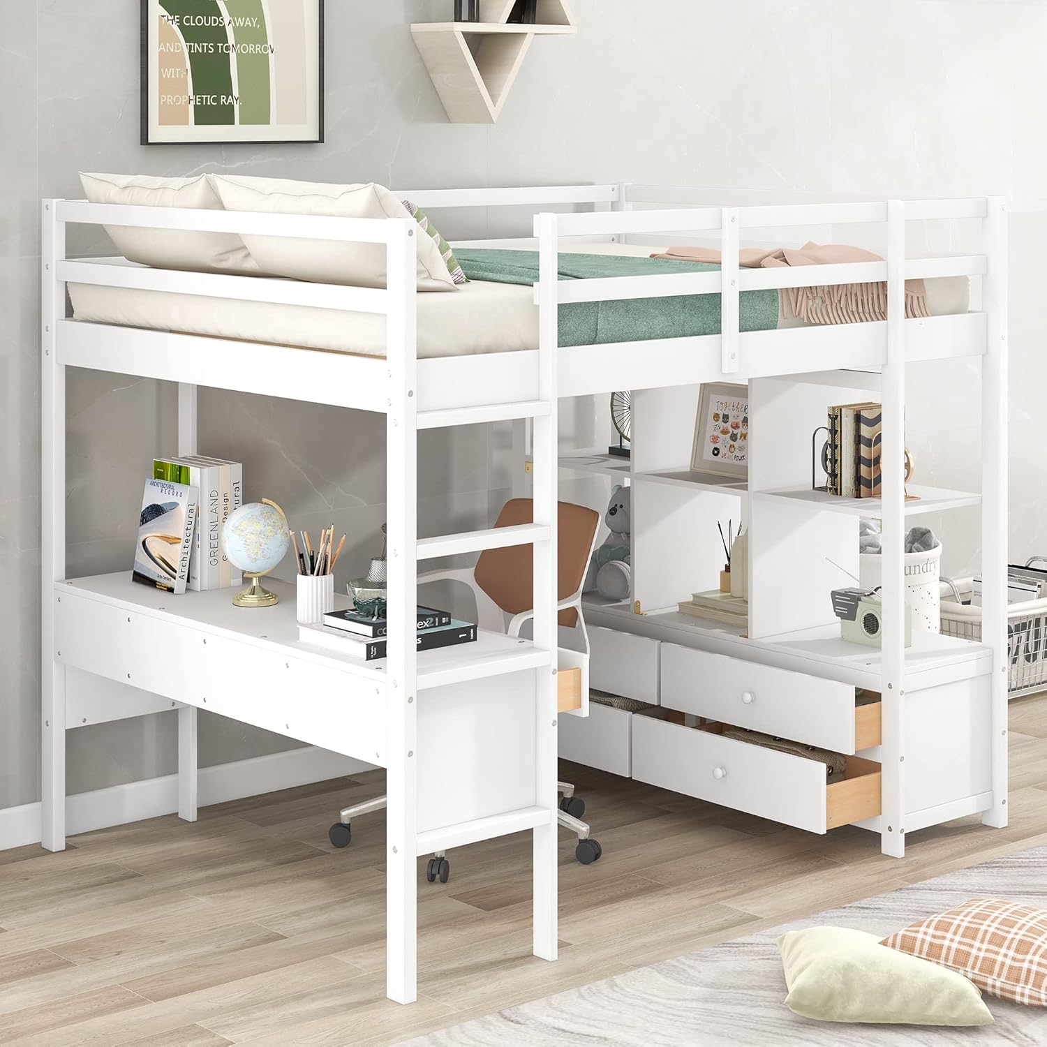 Full Size Loft Bed with Built-in Desk and Storage Shelves White k7