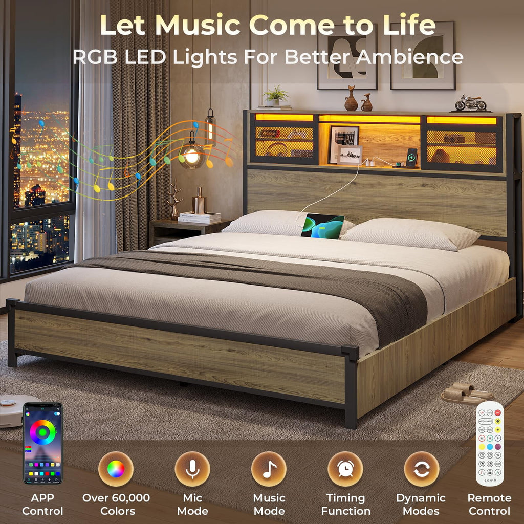 Metal Platform Bed Frame with Storage Drawers and Charging Station a7k