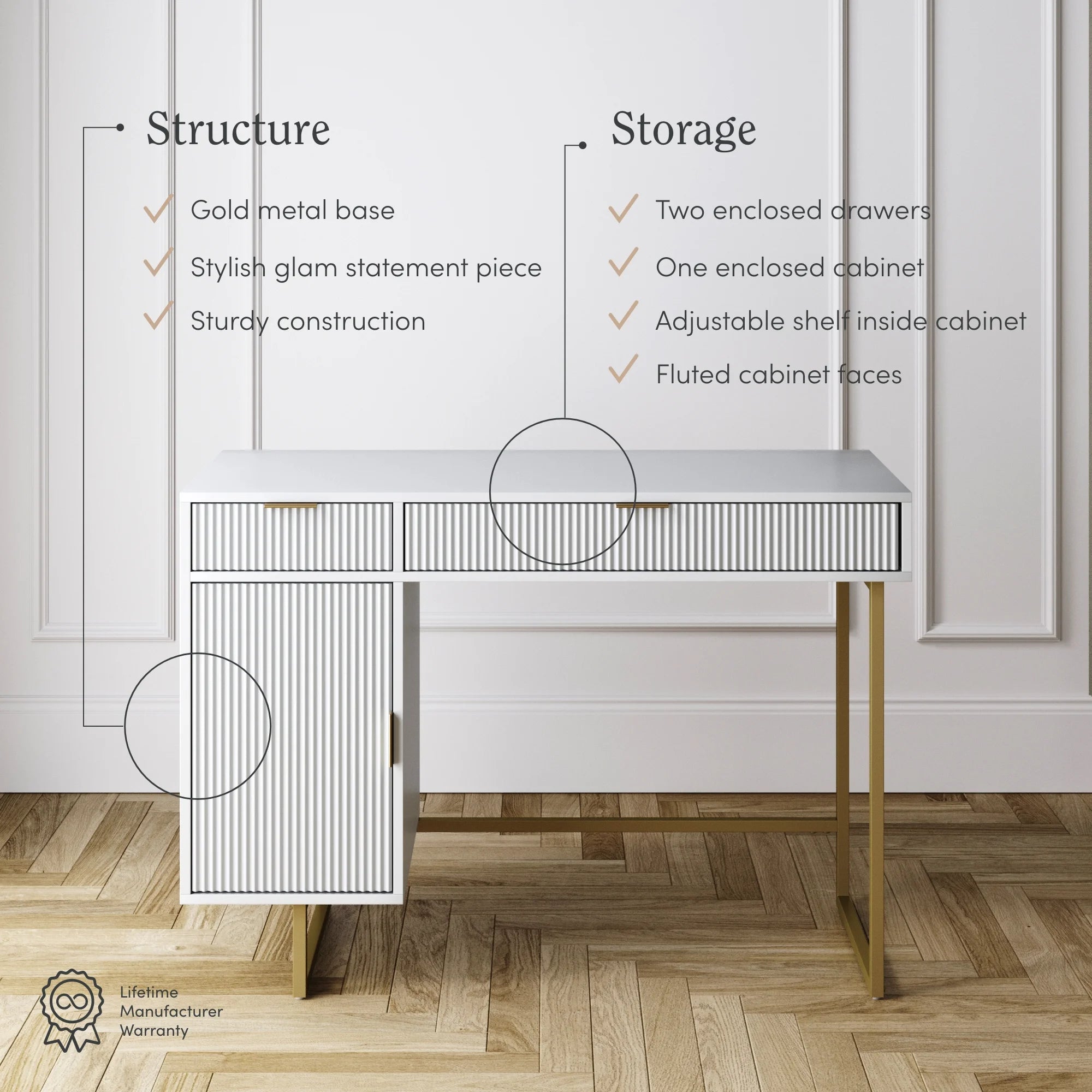 White Modern Computer Desk with Drawers and Cabinet Storage a7k