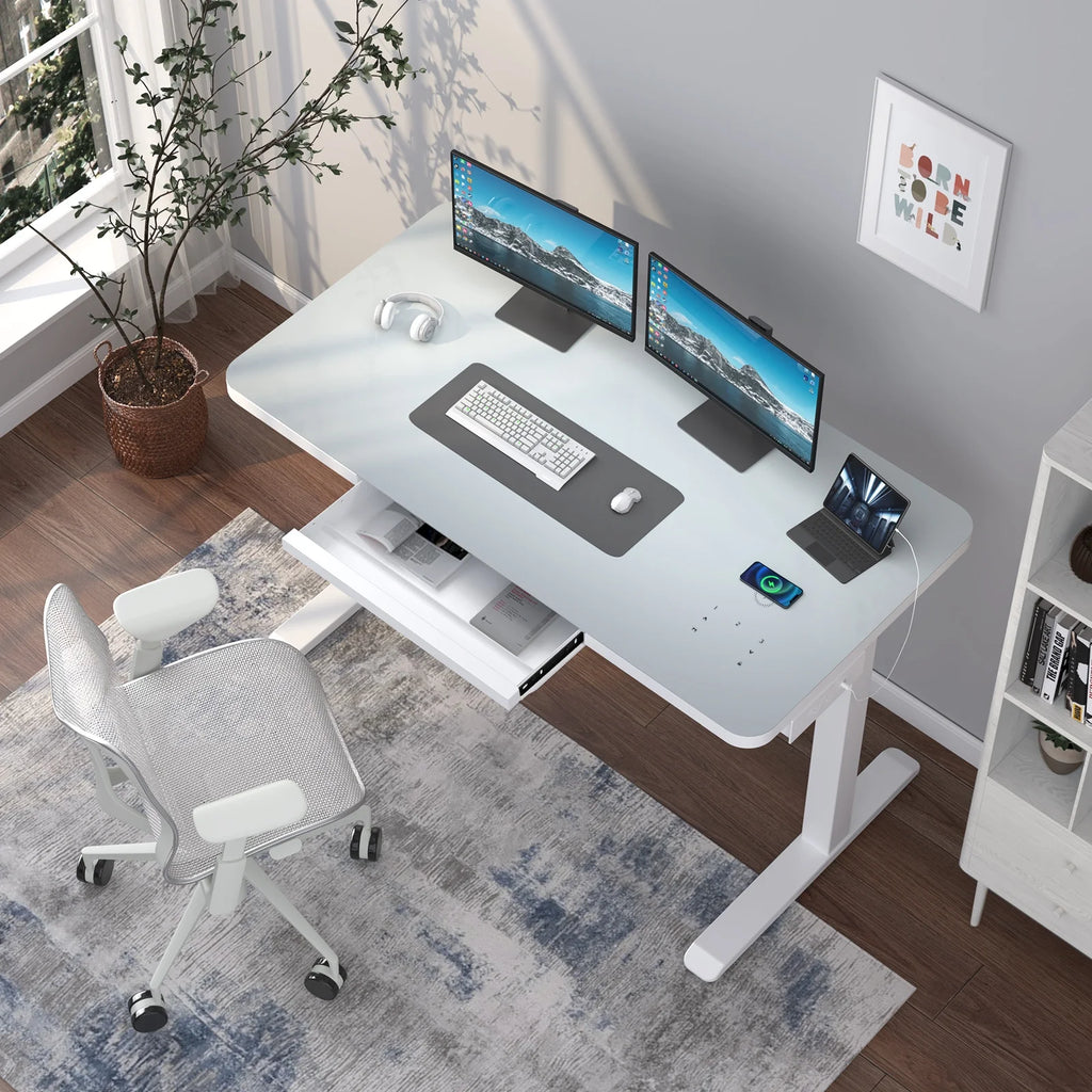 Electric Glass Standing Desk with Drawers, Dual Motor Height Adjustable, White k7p